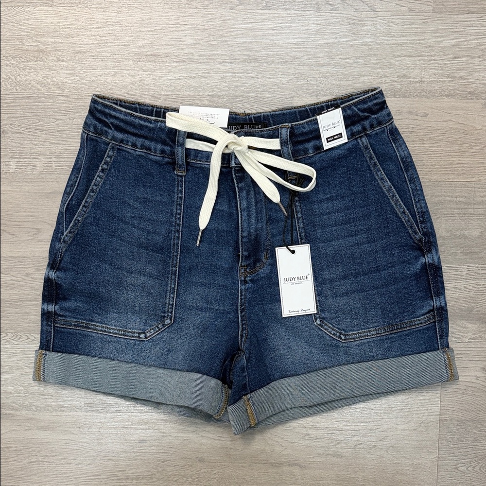 Judy Blue Dark Blue Cuffed Denim Shorts with Cream Drawstring
